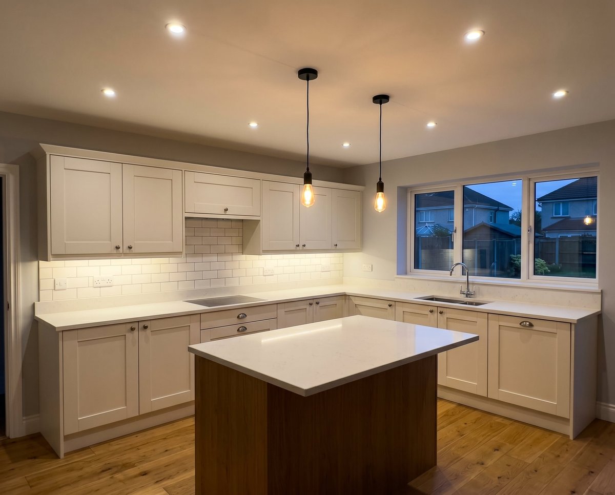Modern kitchen with white cabinetry, white countertops, dark wood island, pendant lighting, and large windows