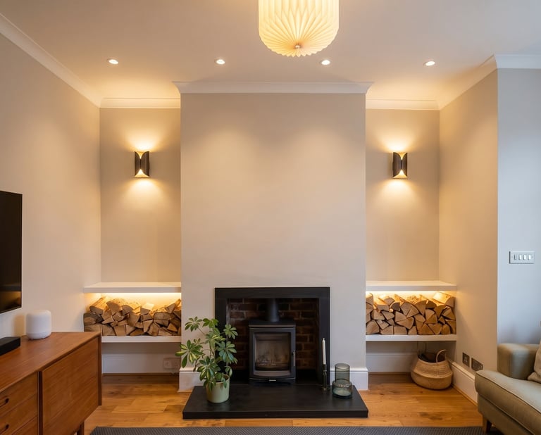 Modern living room with wood fireplace mantel, black stove, lit wall sconces, overhead light fixture, and symmetrical wood storage