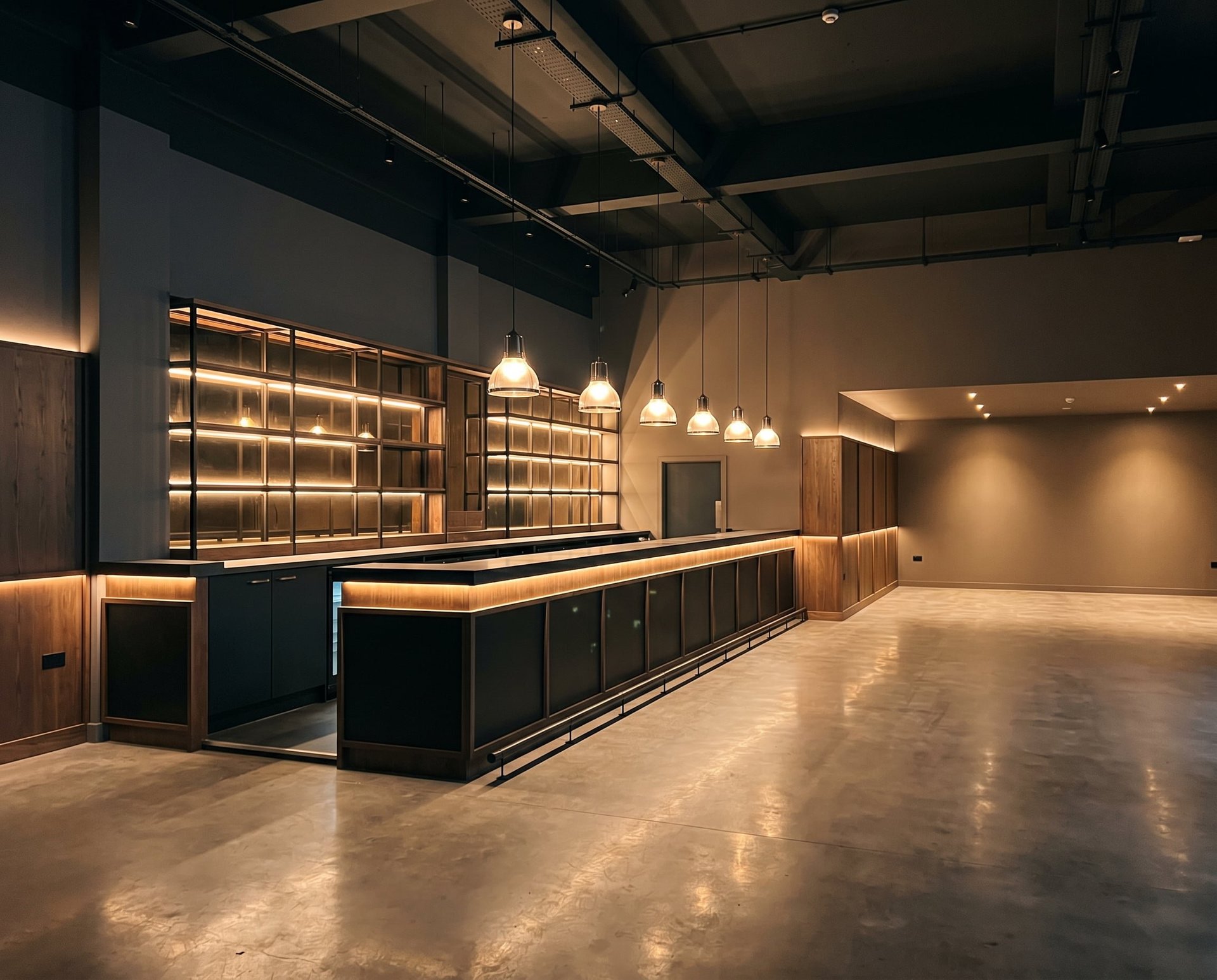 Modern retail or showroom space with sleek black counter, warm ambient lighting, pendant lights, and polished concrete flooring