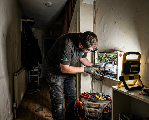 Electrician working on a circuit breaker panel in a residential hallway, with tools and equipment nearby