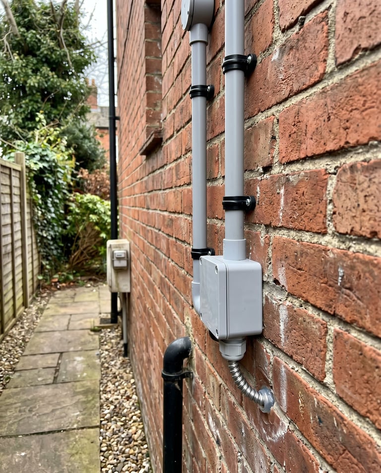 Gray outdoor electrical box mounted on red brick wall with gray pipe conduit and black clips