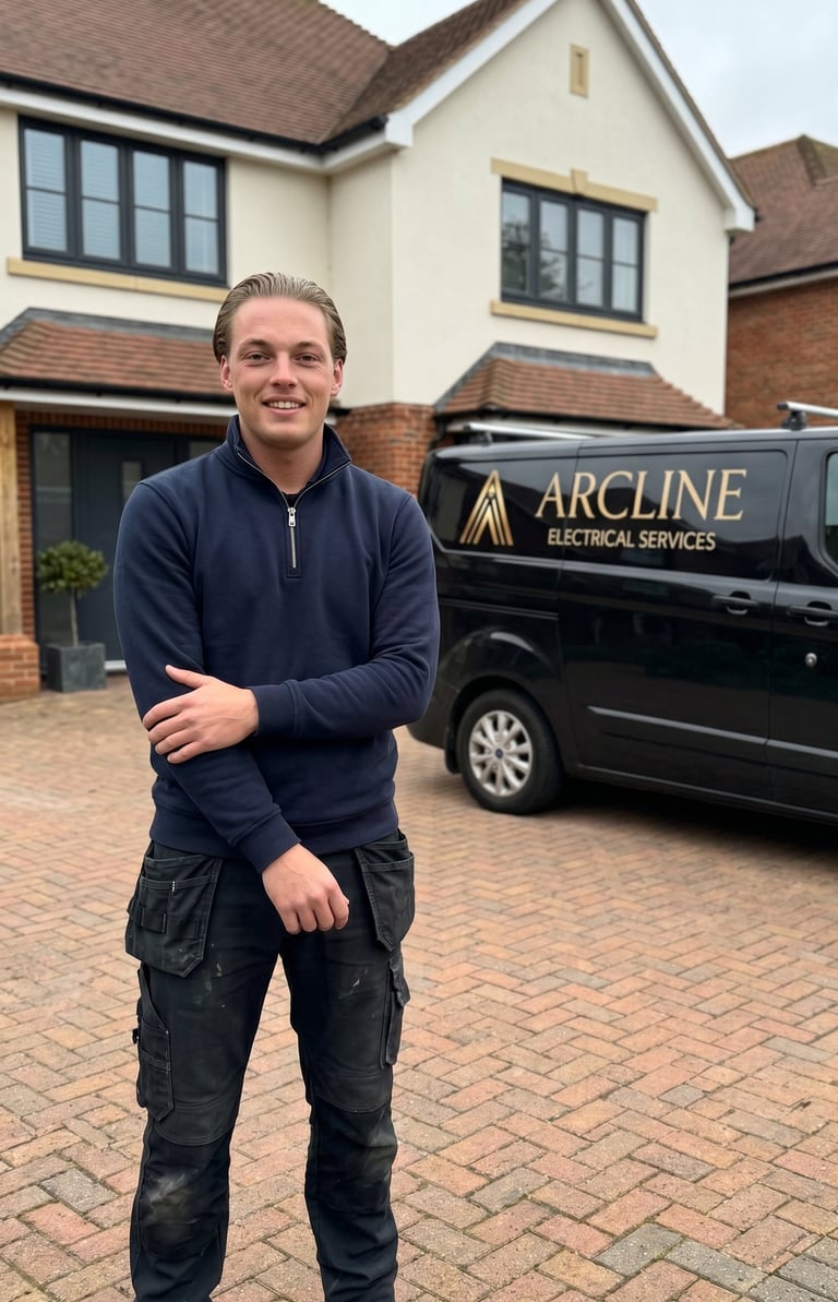 Man in navy jacket standing in front of Arcline Electrical Services van and brick house driveway