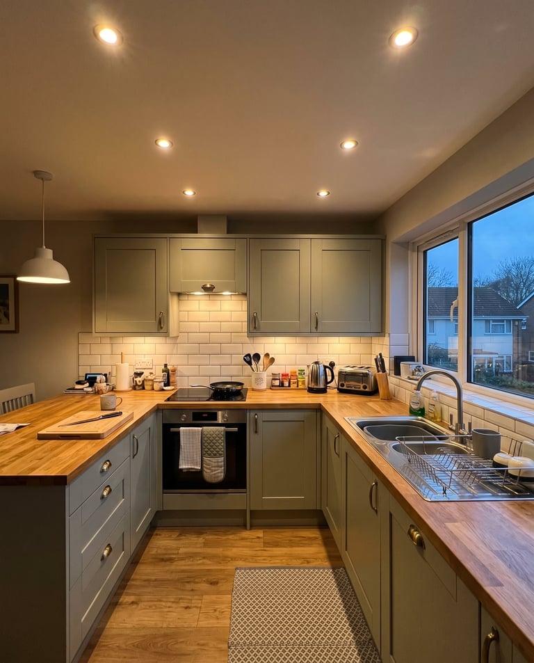 Modern kitchen with sage green cabinetry, wood countertops, subway tile backsplash, and recessed lighting overlooking evening outdoor views