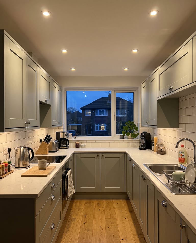 Modern galley kitchen with cream and sage green cabinetry, white subway tile backsplash, wooden flooring, and large window overlooking evening neighborhood