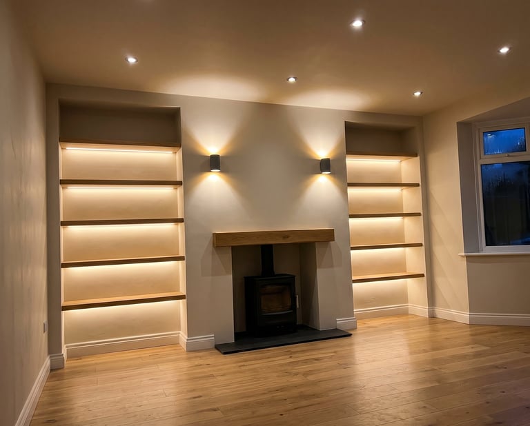 Modern living room with built-in shelving units, central black wood stove, warm ambient lighting, and wooden floor.