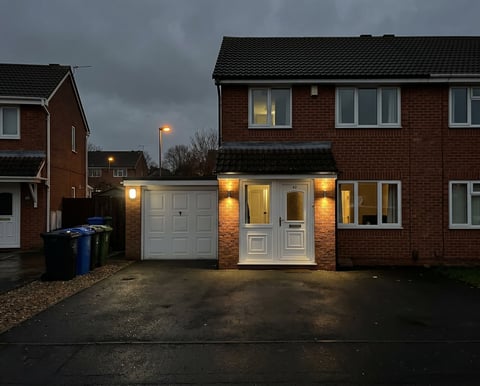 Red brick house with white garage and entrance doors illuminated by outdoor lights at dusk