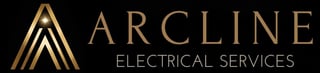 Arcline Electrical Services logo with triangular A design in gold and grey on black background