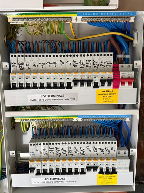 Electrical distribution panel showing two rows of circuit breakers, terminal blocks, and color-coded wiring with safety warning labels