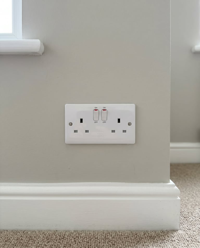 White double electrical outlet with on/off switches mounted on a beige wall above white baseboard trim