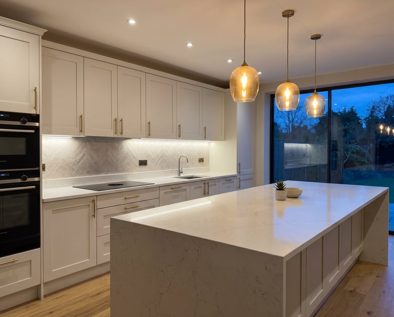 Modern kitchen with white cabinetry, marble backsplash, large island, golden pendant lights, and floor-to-ceiling windows overlooking twilight landscape